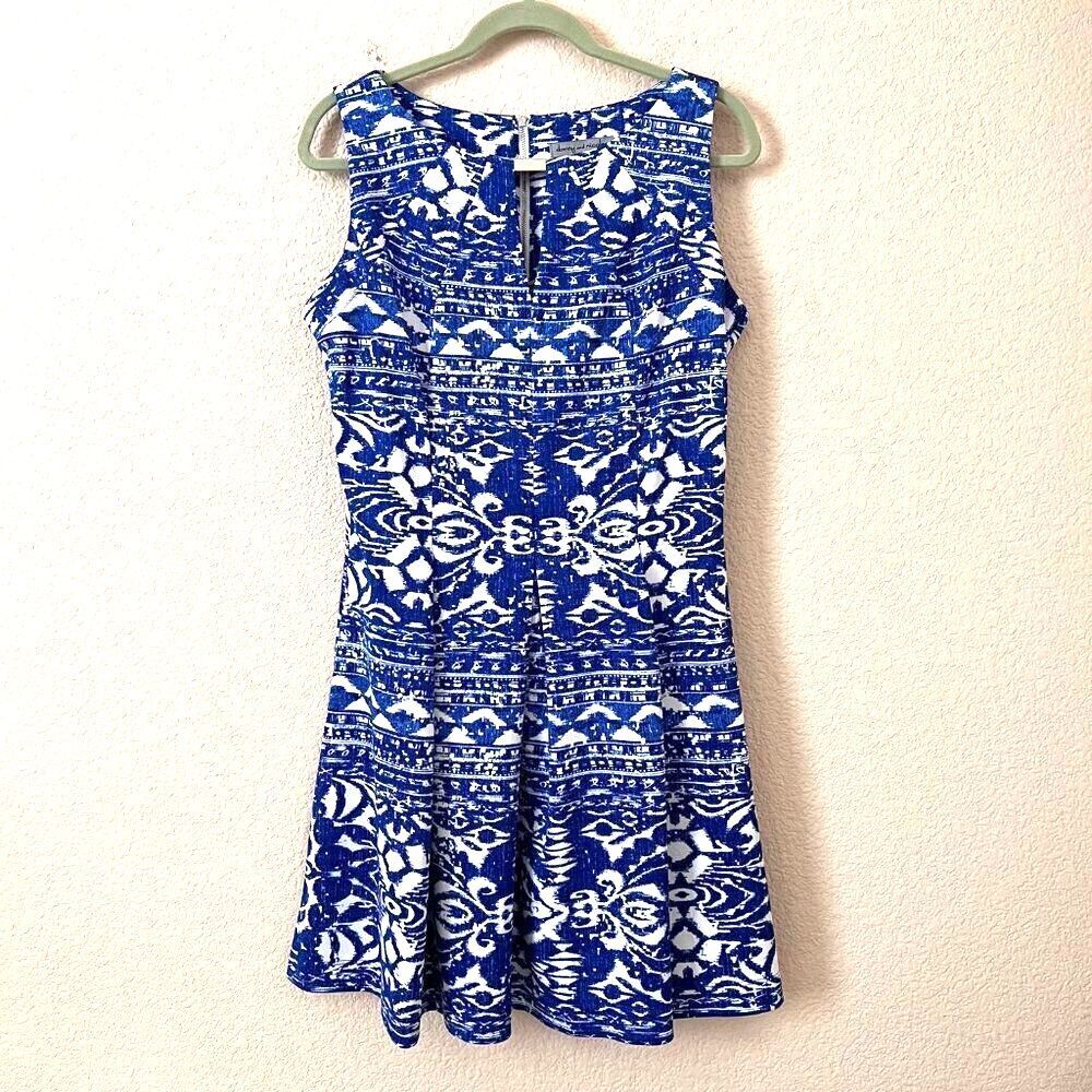 Blue Paisley Pleated A-line Fit Flare Stretch Party Midi Dress Women Size 12